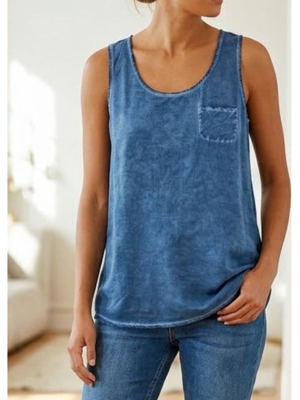 Ecru Tank Top Distressed Faded Denim Style Cinched Back Peplum